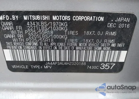 2017 Mitsubishi Outlander Sport 2.0 Es from USA, damaged, VIN JA4AP3AU4HZ020188